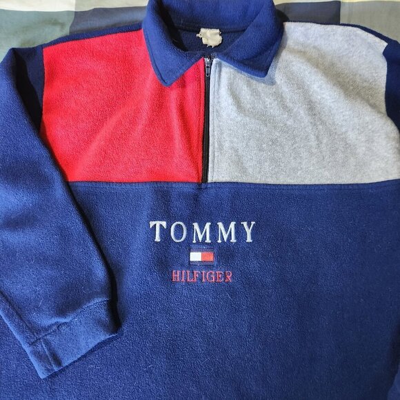 Tommy Hilfiger Fleece Sweater 1/4 Zip Colorblock Blue Red Grey Pullover - Picture 4 of 10